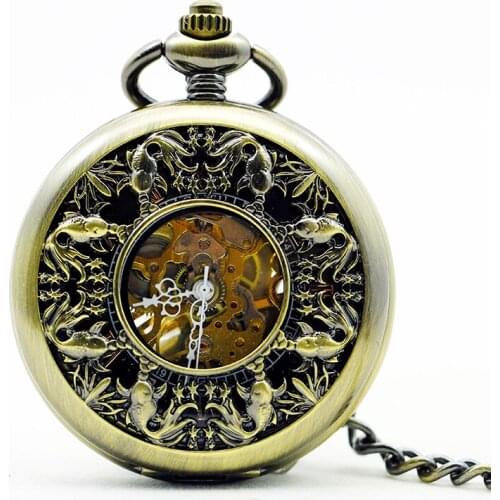 5Pcs/lot Luxury Retro Hollow Bronze Fish Pattern Pocket Men Women Watch Hand-winding Mechanical Fob Chian Watch PJX1114