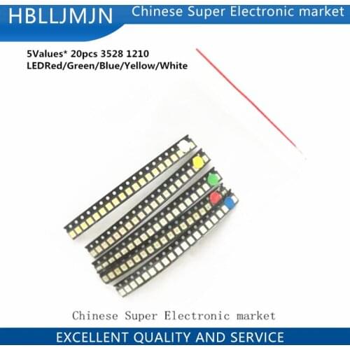 5 Values* 20pcs=100PCS Bright 3528 1210 SMD LED Kit Red/Green/Blue/Yellow/White 20pcs Each LED Diode 3.5*2.8*1.9mm