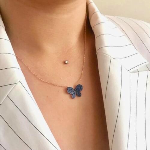 Blue Butterfly 925 Sterling Silver Necklace Set Women Girls Gift Jewelry Accessories Fashion Handmade Elegant Chain