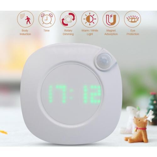 Motion Sensor Night Light With Clock Battery Power PIR Sensor Two Lighting Color Adjustable Brightness Magnet Night Lamp