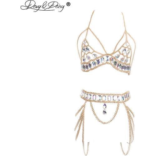 DAVYDAISY Women Sexy Nightclub Bra Jewel Fashion Hanging Neck Suit Skirts Female Clubwear Body Chain Sexy Lingerie SE077