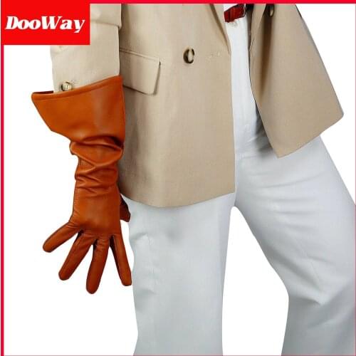 DooWay Unisex Real Leather Long Gloves Touchscreen Gauntlet Style Imported Lambskin Wide Sleeves for Costumes Dressy Brown