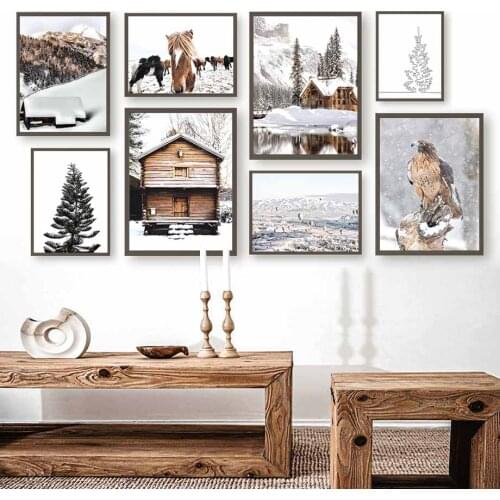 Lodge Cedar Forest Horse Goshawk Winter Wall Art Canvas Painting Nordic Posters And Prints Wall Pictures For Living Room Decor