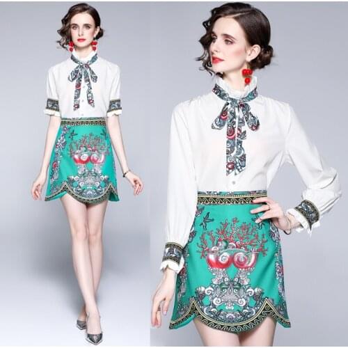 Dropshipping New Summer 2pcs Women Set Retro Vintage Print Bow Tie Neck Short / Long Sleeve Top Shirt Blouse Skirt Suits Outfits