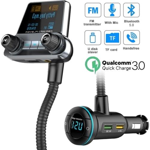JINSERTA EQ Mode Bluetooth 5.0 FM Transmitter Handsfree Modulator QC3.0+PD Charger MP3 Player Power On-Off AUX Input /Output