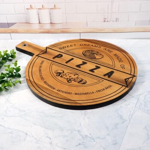 Jaswehome Natural Acacia Wood Large Pizza Boards With Handle Wood Paddle Cutting Boards Round Wooden Bread Cheese Serving Boards
