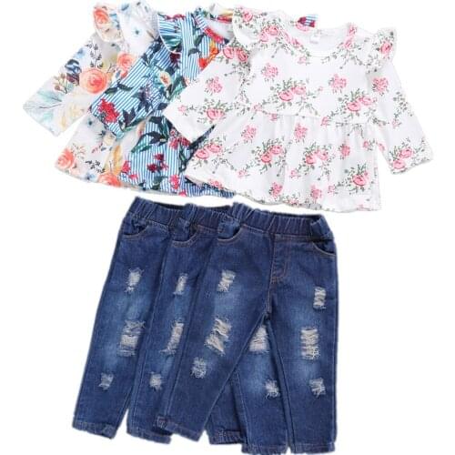 Citgeett Autumn Kids Girls Suit Set Floral Print Long Sleeve Top Ripped Jeans Outfit Set Blouse Pant 2 Pieces