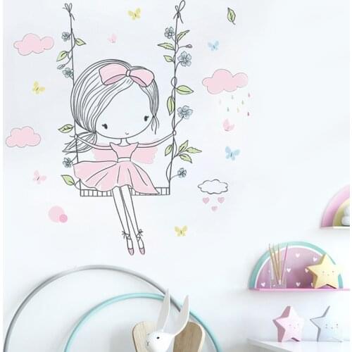Cute Girl on The Swing Wall Stickers for Kids Room Girls Bedroom Living Room Wall Decor Vinyl Home Decoration Art Mural Stickers