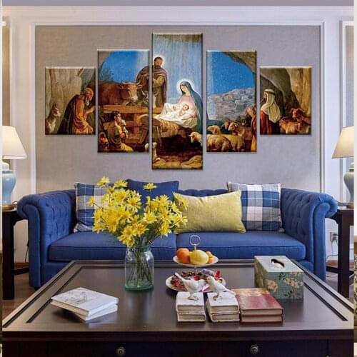 Modular Canvas Poster Home Decor Pictures 5 Piece Birth Of Christian Jesus Framed Wall Art Painting HD Printed Living Room