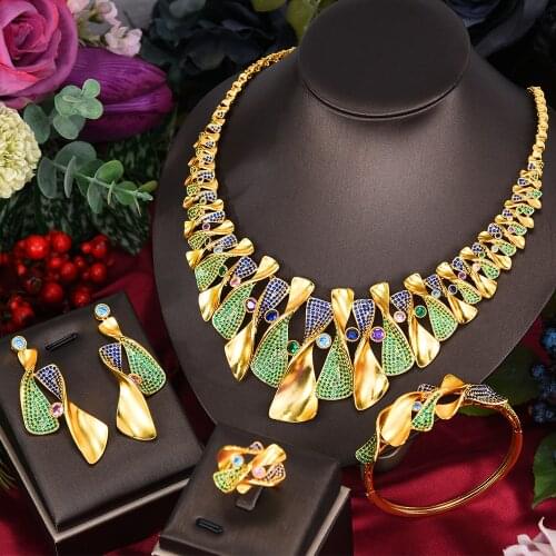 New Hot Luxury Noble Women African Dubai Necklace Bangle Earrings Ring 4 PCS for Women Bridal Jewelry Sets Wedding Noble Set
