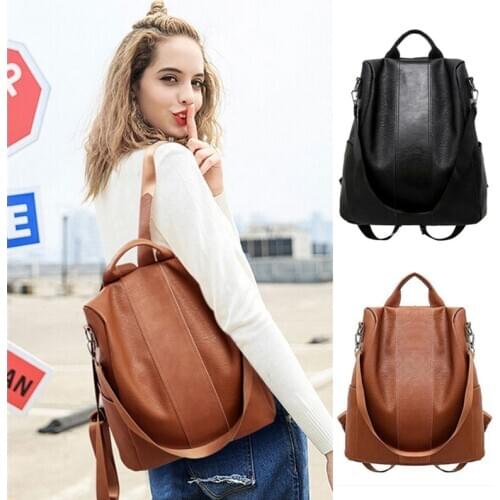 New Fashion Female Anti-theft Backpack Classic PU Leather Solid Color Backpack Canta Shoulder Bags