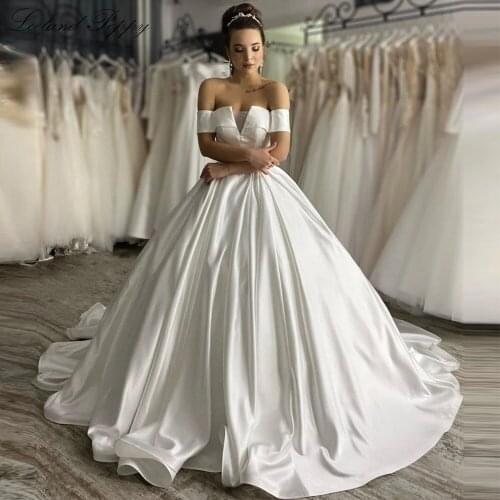 Lceland Poppy Glamorous A-line Satin Wedding Dresses 2020 Boat Neck Floor Length Vestido de Novia Bridal Gowns Chapel Train