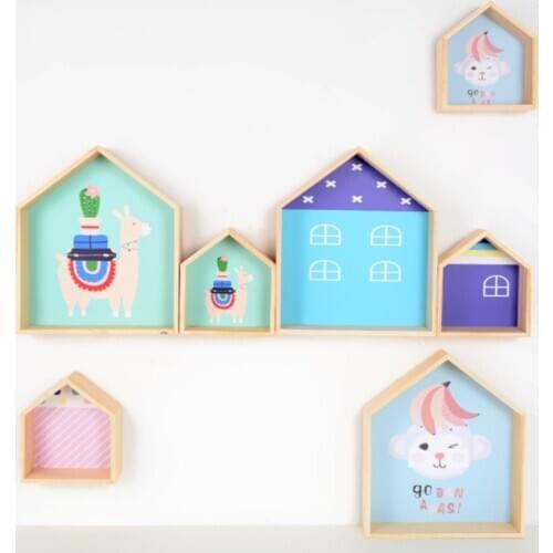 INS Cartoon Wooden House Wall Shelf Wood Hanging Storage Rack Stand Holder Organizer Nordic Kids Room Decoration Crafts Ornament