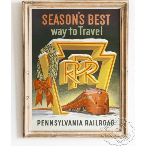 Pennsylvania State Railroad Poster, Seasons Best Way To Travel Art Prints, Winter Christmas Train Travel Vintage Wall Picture