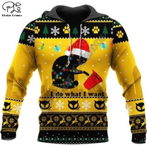 PLstar Cosmos Christmas Hat Cat 3D Print Hoodies Casual Men/Women Zipper Hooded Funny Animal Unisex Brand Streetwear Apparel T21
