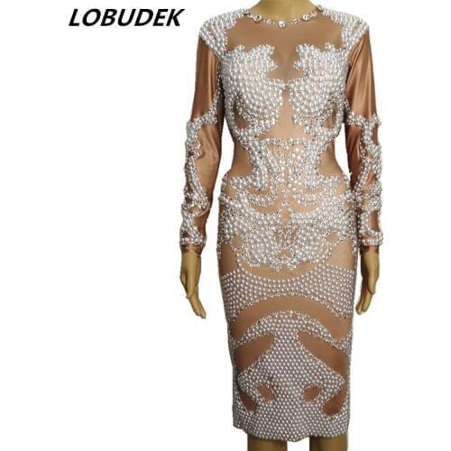 Sexy Skinny Ladies Dress White Pearl Rhinestones one piece Beading dress Formal Catwalk Prom Singer Bar DS performance costume