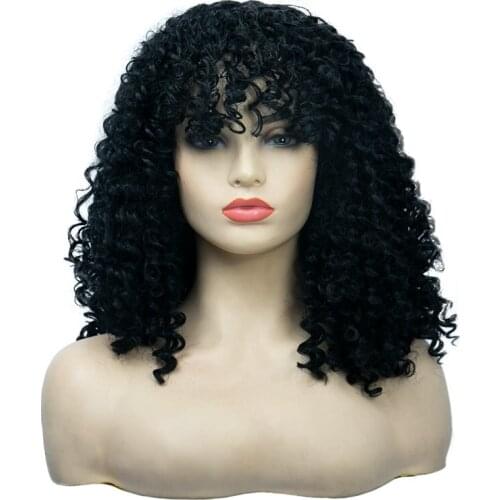 Synthetic Wig With Bangs For Black Women African 3B3C Kinky Curly Nature Colour Ombre Glueless Cosplay High Temperature 16"