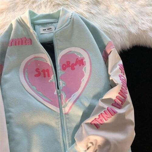 Heart Print Vintage Jackets For Girls Women 2021 Autumn Asthetic Bomber Thin Coat Short Female Cute Loose Oversized Outerwear