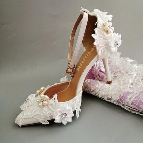 PLUS SIZE 41 42 43 summer white lace sandals wedding shoes for woman sexy point toes lace flower bridal brides pumps ladies