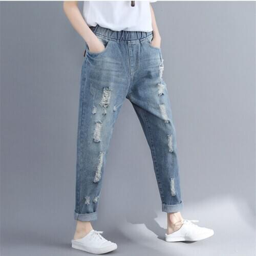 Boyfriend for Womens Jeans Korean Summer Vintage Hole Denim Pants Elastic Waist Loose Large Size Casual Nine Pants Female AH156