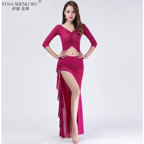 Women Belly Dance Costume Practice Set Top Long Skirt Bellydance Training Clothing Competition Outfits Suit Dance Wear NO Belt