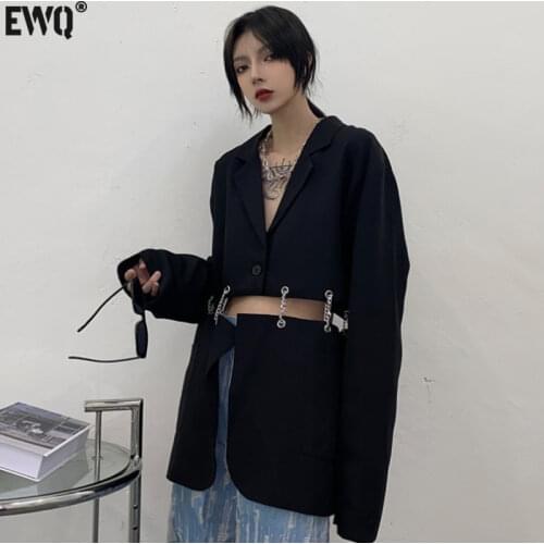 [EWQ] Spring Autumn 2021 Female Sashes Black Button Turn-down Collar Long-sleeved Blazer Coat Single Breasted Loose Blazer Top