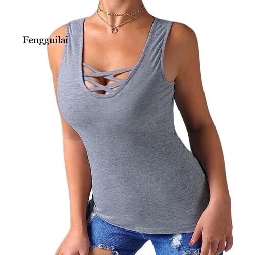 Women Vest Tank Slim Fit Bottoming With Bandage Solid Sleeveless Casual Pullover Top Summer Sexy