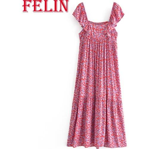 FELIN Za Chic Pink Floral Print Dress Women Summer Ruffles Short Sleeve Vintage Dress Female Boho Fashion 2021 Long Vestidos