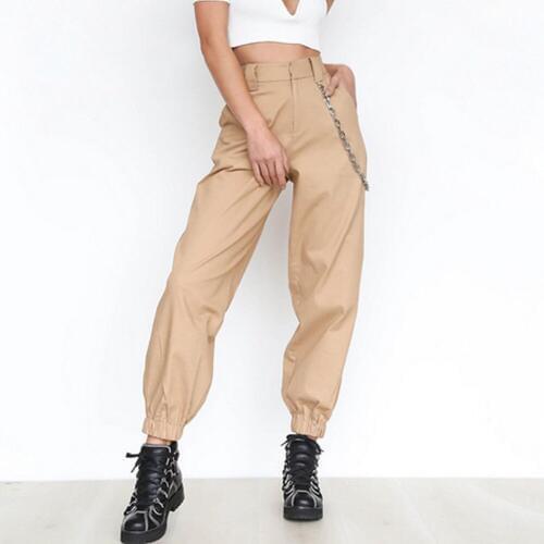 2019 Plus Size Pants Women High Waist Cargo Pants Ladies Loose Solid Black Khaki Trousers Pockets Elastic Waist Bottoms Set
