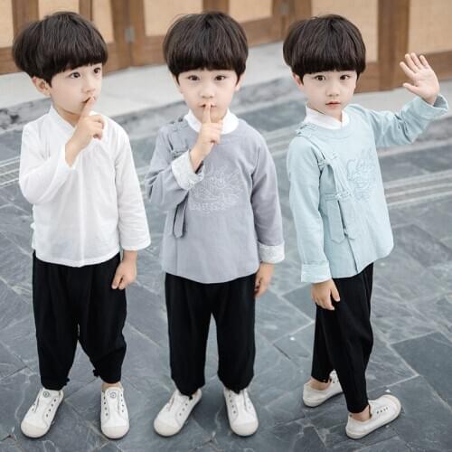 Boys Chinese national Style Sets embroidery T-Shirt+Pants+Coat 3PCS Children Traditional Tang Dynasty Hanfu Dragon Retro Clothes