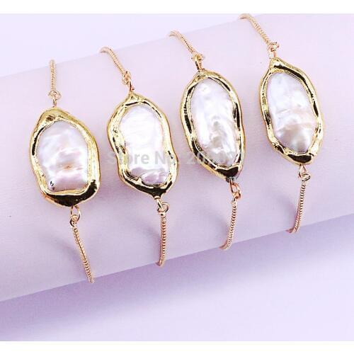 New Charm 8Pcs Gold Color Nature Freshwater Pearl Spacer Connector Bracelet For Women Adjustable