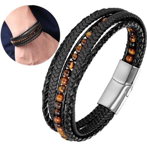 Fashion Natural Stone Beads Men Bracelet Multilayer Leather Bracelet Punk Jewelry Stainless Steel Magnetic Clasp Wrap Bangles