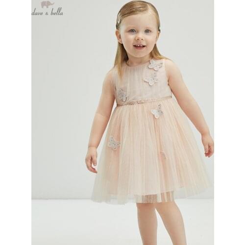 DBJ17242-2 dave bella summer baby girls cute bow cartoon mesh dress children fashion party dress kids infant lolita clothes