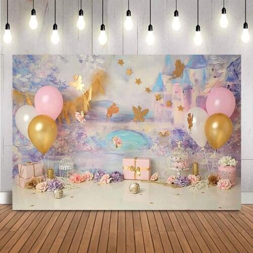 Castle Princess Birthday Theme Flower Fairy Backdrop for Cake Smash Photography Newborn Kids Portrait Spring Butterfly Decor