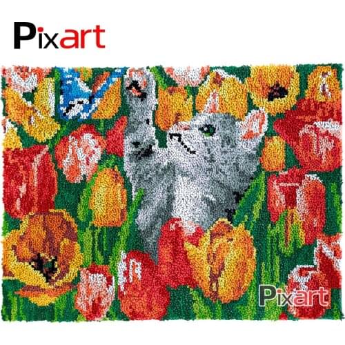 Latch Hook Rug Cat in Tulips Crocheting Tapestry Kits DIY Carpet Rug Chunky Yarn Needlework Knitted Floor Mat Hobby & Crafts