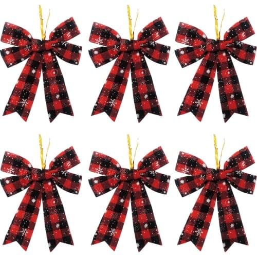 Red And Black Christmas Ornament Bow Pendant Xmas Decoration Cloth 6pcs Bowknot Snowflake New 6PCS Home Craft Plaid