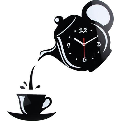 Creative 3D DIY Wall Clock Acrylic Mirror Coffee Cup Shape Teapot Kitchen Wall Clocks Living Room Dining Room Home Decor Clock