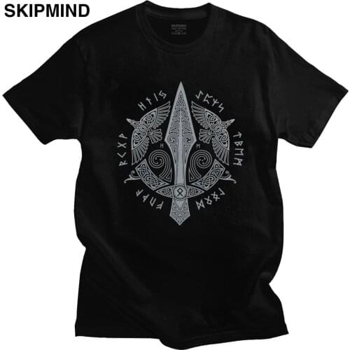 Odin Vikings Sword Tshirt for Men Cotton T-shirt Short Sleeve Viking Scandinavian Runes Valhalla Gungnir Tee TV Fan T Shirt Gift