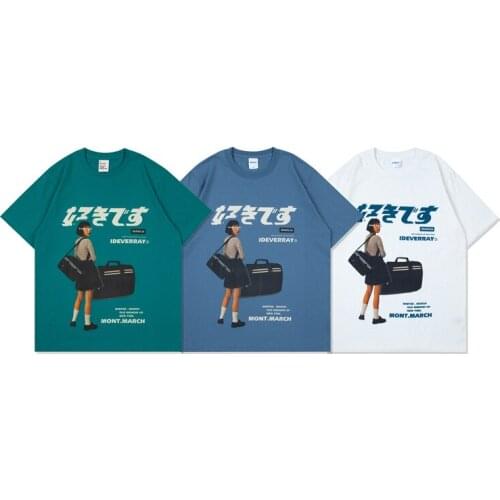 New Summer Japan Style Men Cotton O-neck Causal Print Fashion Girl Print Retro Casual Couples Loose Short Sleeve Mens T-shirt