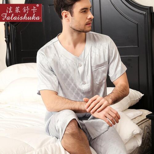 Sexy V-neck 100% mulberry silk pajamas sets men short sleeve+middle pants elegance natural silk pyjamas casual male homewear