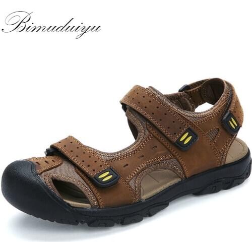 BIMUDUIYU Brand Summer Genuine Leather Beach Sandals Casual Shoes Foot Toe Protect Mens Good Quality Large Size Sandals Men