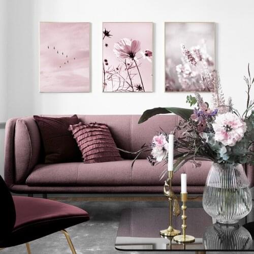 Pink Flower Cherry Blossom Rose Peony Sky Bird Nordic Posters And Prints Wall Art Canvas Painting Wall Pictures For Living Room
