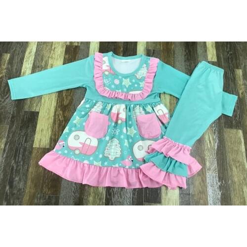 New childrens Boutique Christmas cute pink lace pocket bus star pattern autumn set