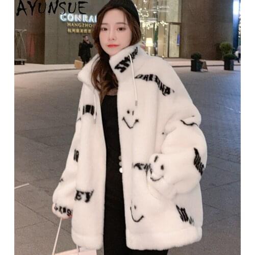 AYUNSUE Sheep Shearling Coat Women Winter 2021 Hooded Warm Thick Fur Coat Female Black Real Wool Jackets Jaqueta Feminina Gxy194