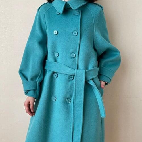 Hstar 2021 Women Elegant Solid Double Dreasted Woolen Coats Female Sashe Vintage Winter Outerwears Office Lady Warm Coats
