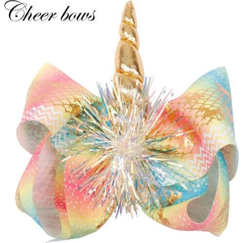 Cheer Bows 7" Girls Kids Hair Clip Cartoon Printed Ribbon Hair Bows Unicorn Horn Hairgrip Large Headwear Hair Accessories