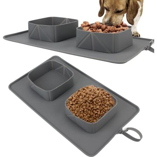 With Flannel Bag Outdoor Travel Portable Pet Bowl Food Container Water Feeder Silicone Folding Double Bowls For Dogs Cats