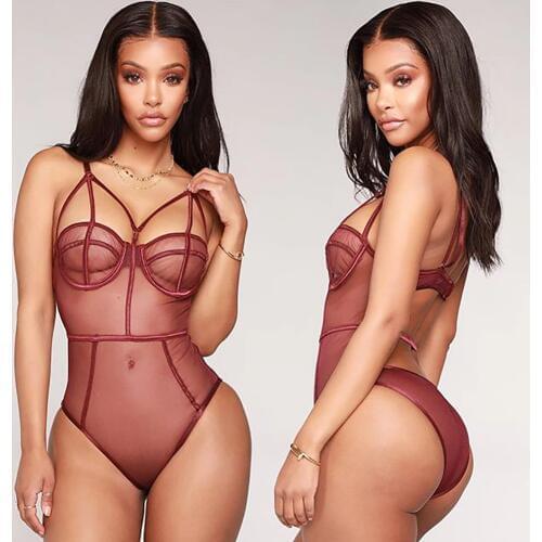 Sexy Sweetown fashion demi-cup Bodysuits splice sexy Sling perspective rompers womens Sexy Temptation hollow Mesh Tights