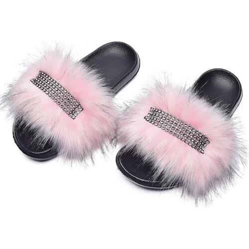 Fluffy Flip Flops Faux Fur Slippers Gold Chain Fuzzy Fur Slides Plush Beach Slippers Women Sandals Home Flat Shoes TX419