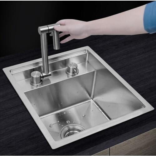 Hidden Kitchen Sink Handmade Brushed Kitchen Sink with Lid Single Bowl 304 Stainless Steel Kitchen Sink with Folding Faucet 4mm